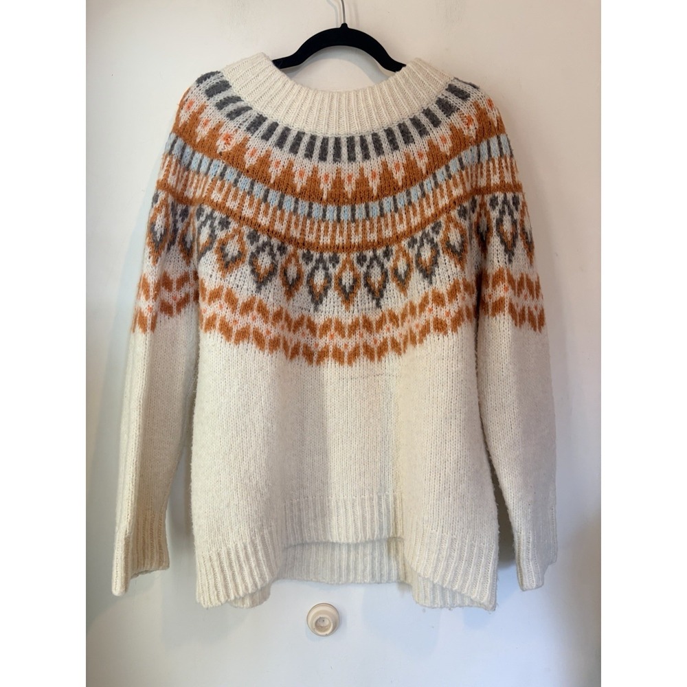 Aerie Fair Isle Nordic Sweater Women Medium Cream Orange Cozy Winter Pullover